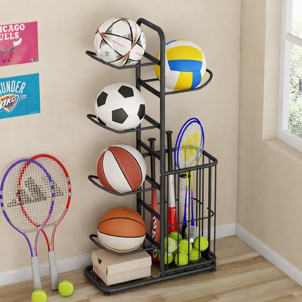 Skiennix Multi-Function Sports Equipment Storage Rack - Adjustable & Durable 5-Tier Black Organizer with Basket