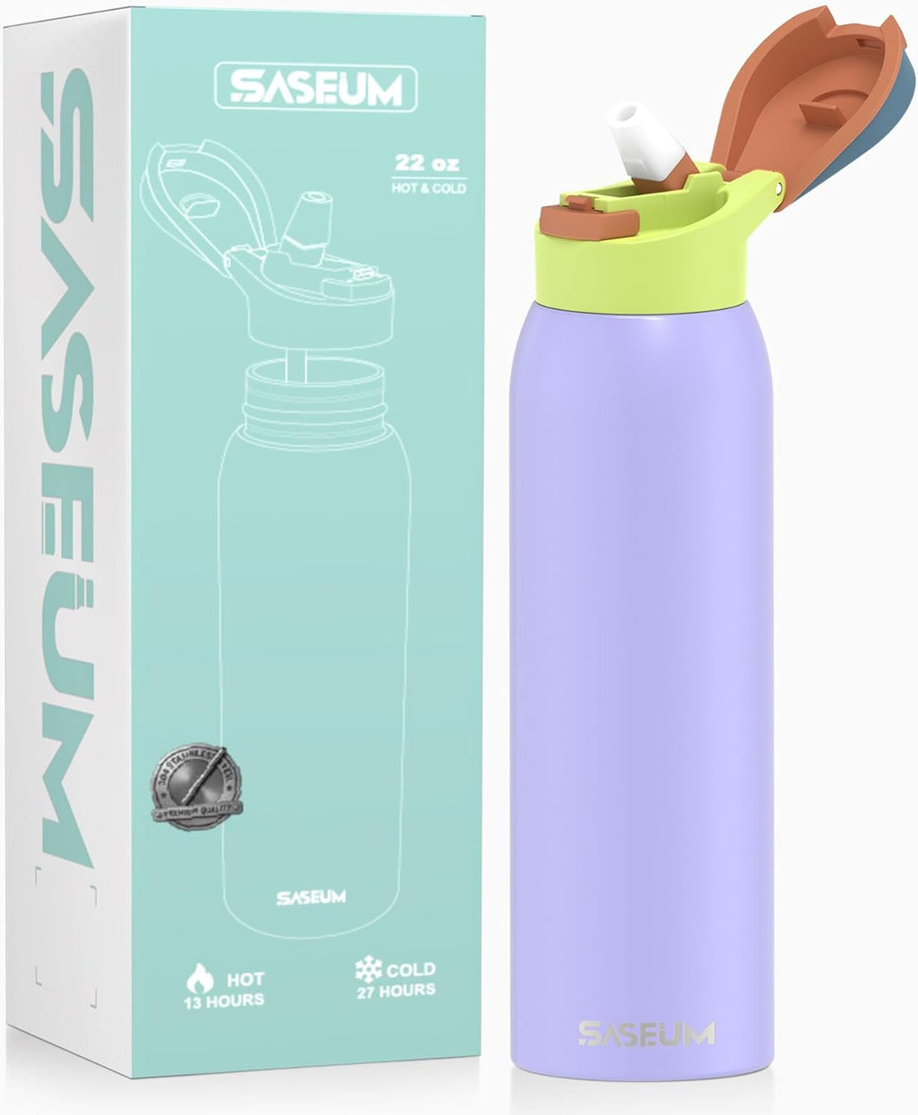 Saseum Water Bottle - 24 oz Double-Wall Insulated Stainless Steel | One-Click Open, BPA-Free
