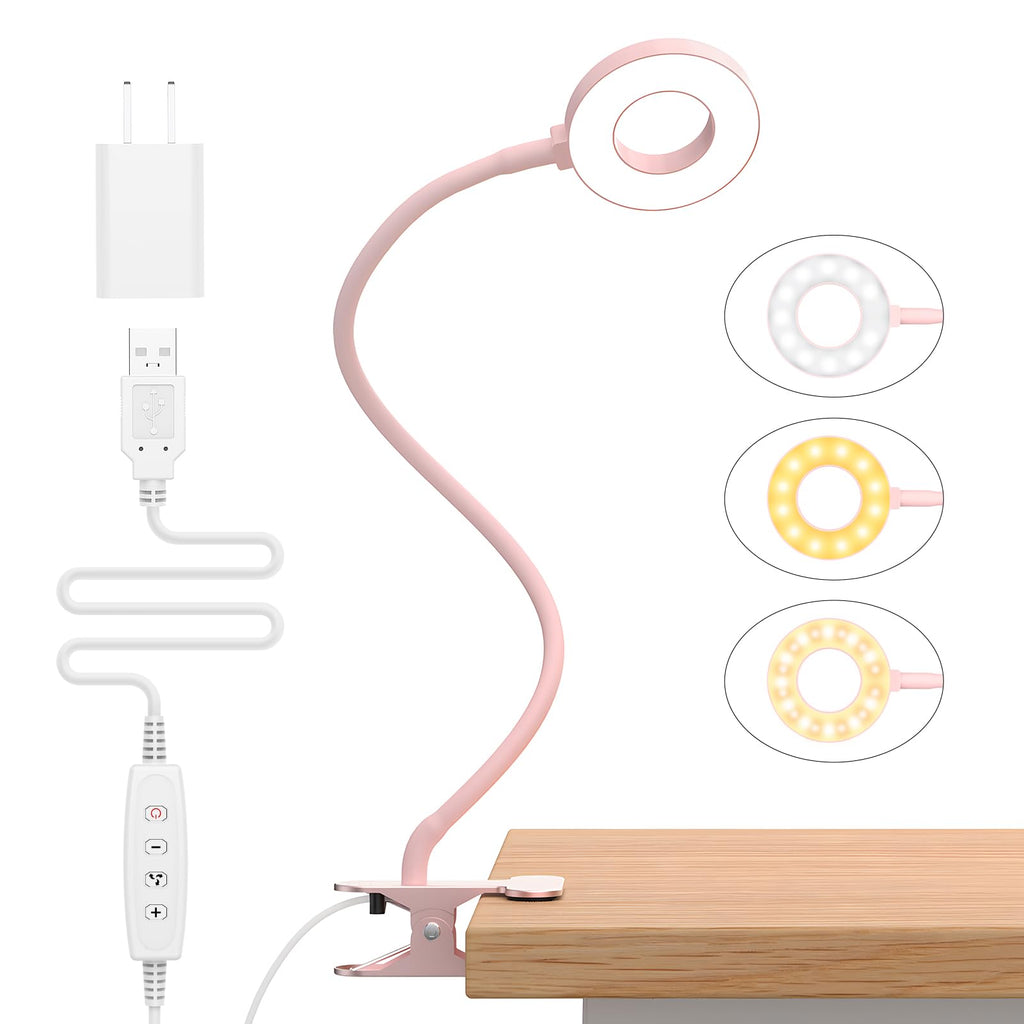 iZELL Desk Lamp, [3 Color Modes & 10 Brightness] LED Reading Light with Clamp, Silicone Flexible Arm Book Light for Kids Reading Book in Bed at Night Clip on Table, Headboard, Dorm - 15.8‘’ Pink
