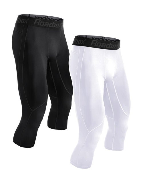 Roadbox Mens 3/4 Compression Pants, Athletic Running Legging Tights, Spandex Base Layer Workout Baseketball Gym