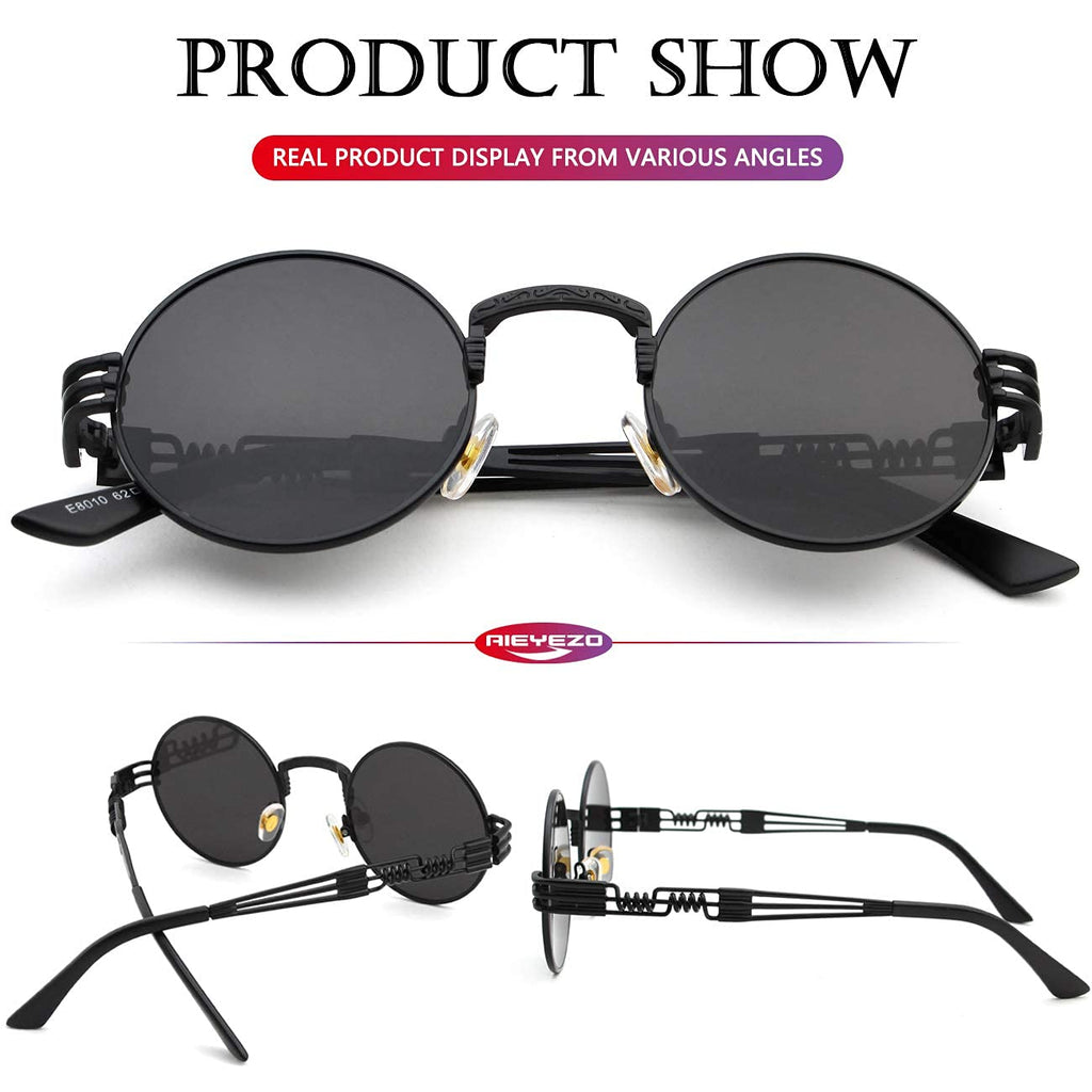 AIEYEZO Round Steampunk Sunglasses for Men Women Retro Circle Hippie Glasses Metal Frame 100% UV Blocking Lens (Black/Grey)