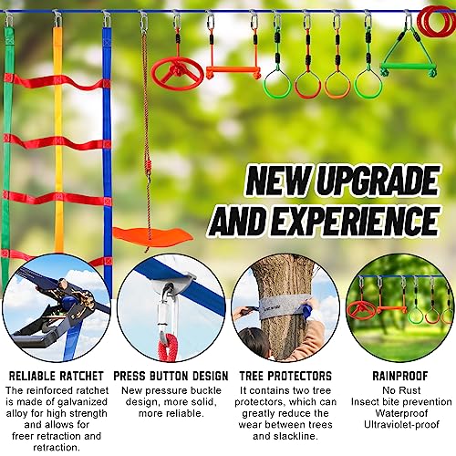 Kids Ninja Warrior Obstacle Course 52ft Slackline with 11 Accessories - Outdoor Climbing & Play Set
