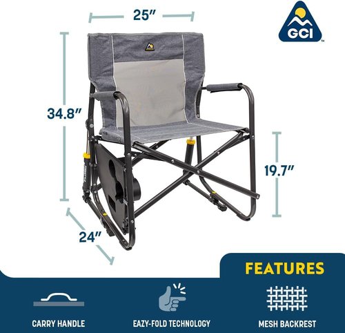 GCI Outdoor Freestyle Rocker Camping Chair - Portable Folding Design with Side Table & Comfortable Backrest - Heathered Indigo