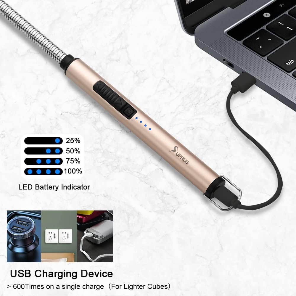 SUPRUS Electric Candle Lighter - USB Type C Rechargeable with 360° Flexible Neck & Steel Shell - Gold