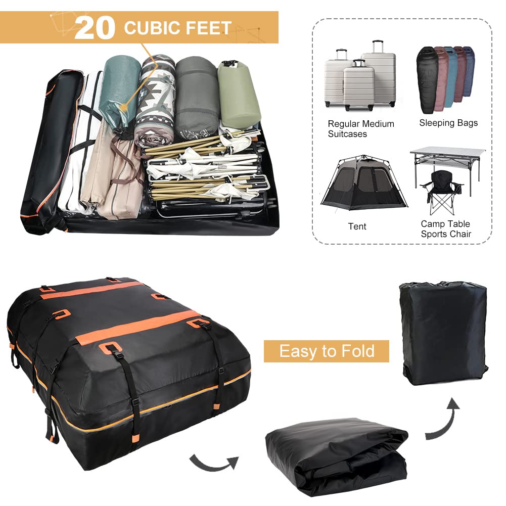 Rooftop Cargo Carrier Bag Waterproof 20 Cubic Car Roof Bag Cargo Carrier All Cars with/Without Rack Includes Anti-Slip Mat 10 Reinforced Straps 6 Door Hooks
