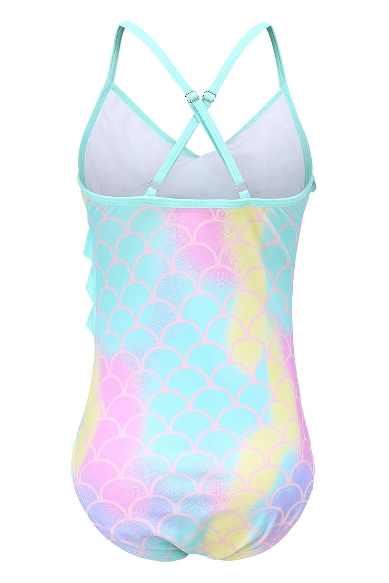 Girls Rainbow Mermaid One-Piece Swimsuit - Hawaiian Ruffle Bathing Suit (34+7-8 Years)