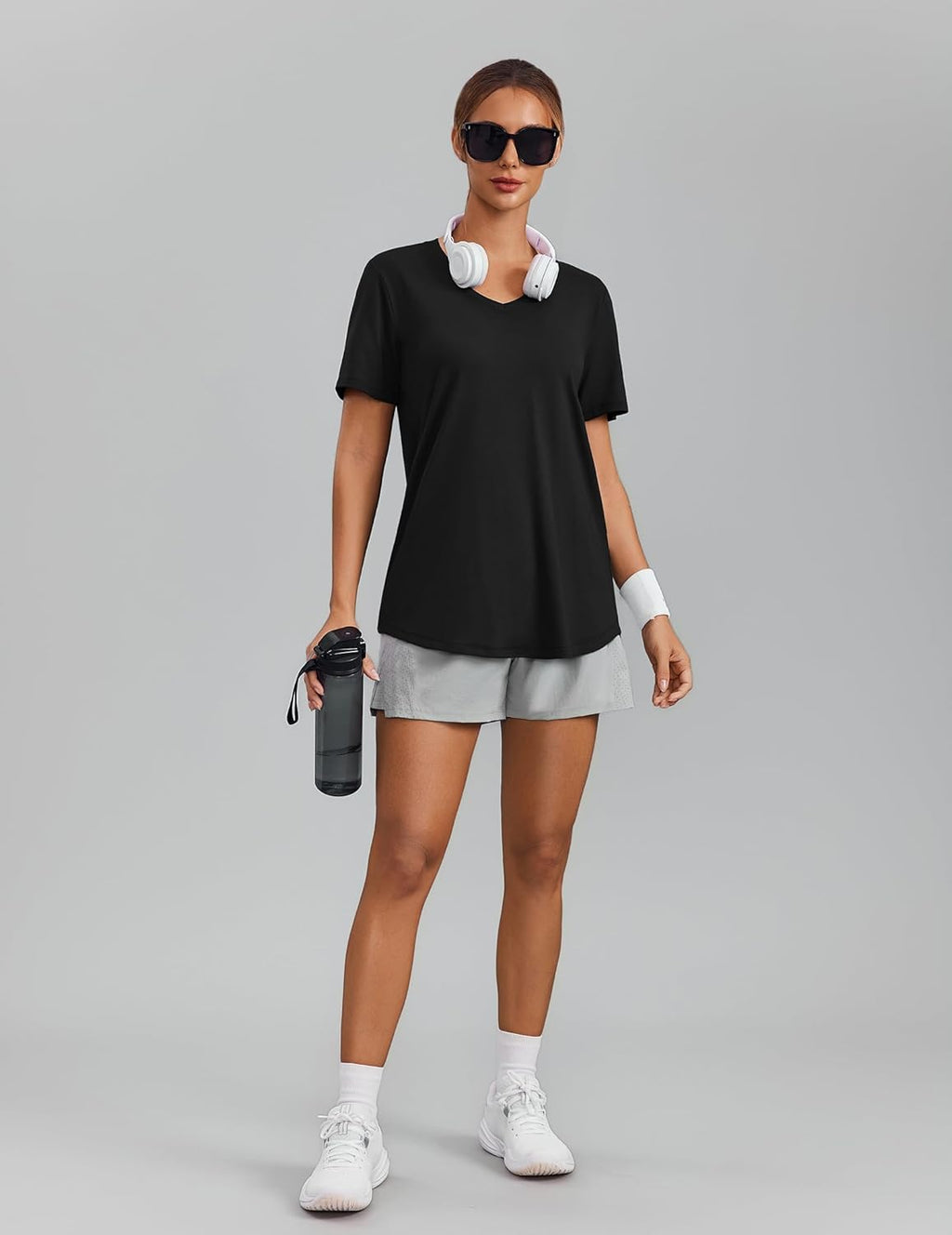 PINSPARK Soft Workout Tops for Women - Short Sleeve V-Neck, Moisture-Wicking, UPF 50+ Sun Protection