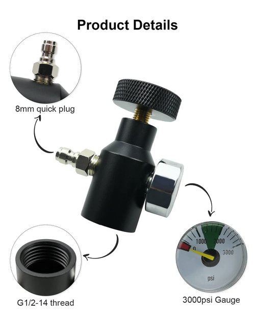 SZRKRLA Paintball Co2 Tank Adapter Compressed Air Fill Station Remote Switch ASA Adapter with 3000psi Gauge Black