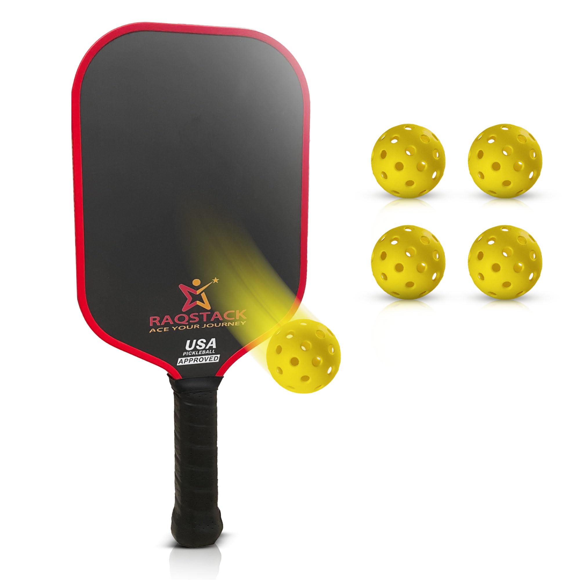 RAQSTACK - Carbon Fiber Pickleball Paddles with 4 Indoor Pickleball Balls - Top Performing T700 Pickleball Paddle USA Approved - Ace Your Journey with Our Pickle Ball Paddle