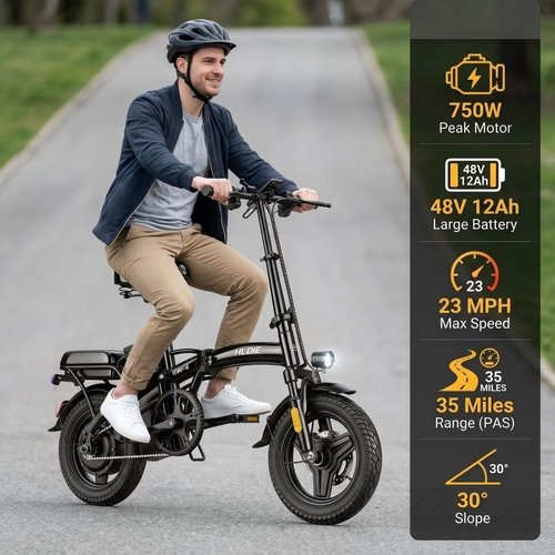 HLOIE Folding Electric Bike - 750W Motor, 23MPH Max Speed | Compact 14" Ebike with 48V12AH Battery, 35 Miles Range