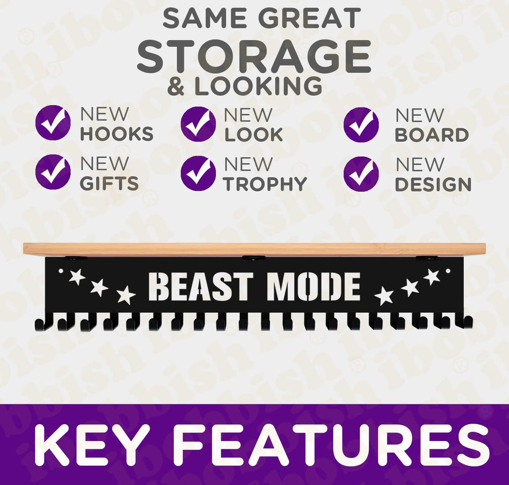 iBobbish Beast Mode Trophy and Medal Hanger Display Shelf,Trophy Medal Hanger Display in Black Metal Wall Mount Over Big Medals Trophy Display Shelf with Gifts Box