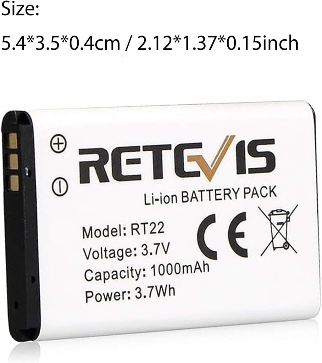 Retevis Original Li-ion Battery for RT22/RT22S/RT15/RT19 Walkie Talkies - 3.7V 1000mAh (2 Pack)