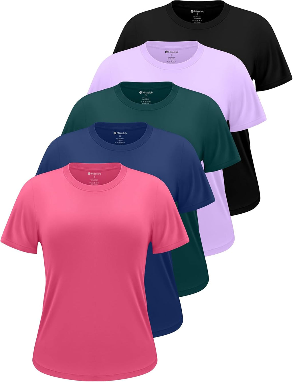 Skiennix 5 Pack Workout Tops for Women - Crew Neck Dry Fit Athletic T-Shirts for Gym & Yoga