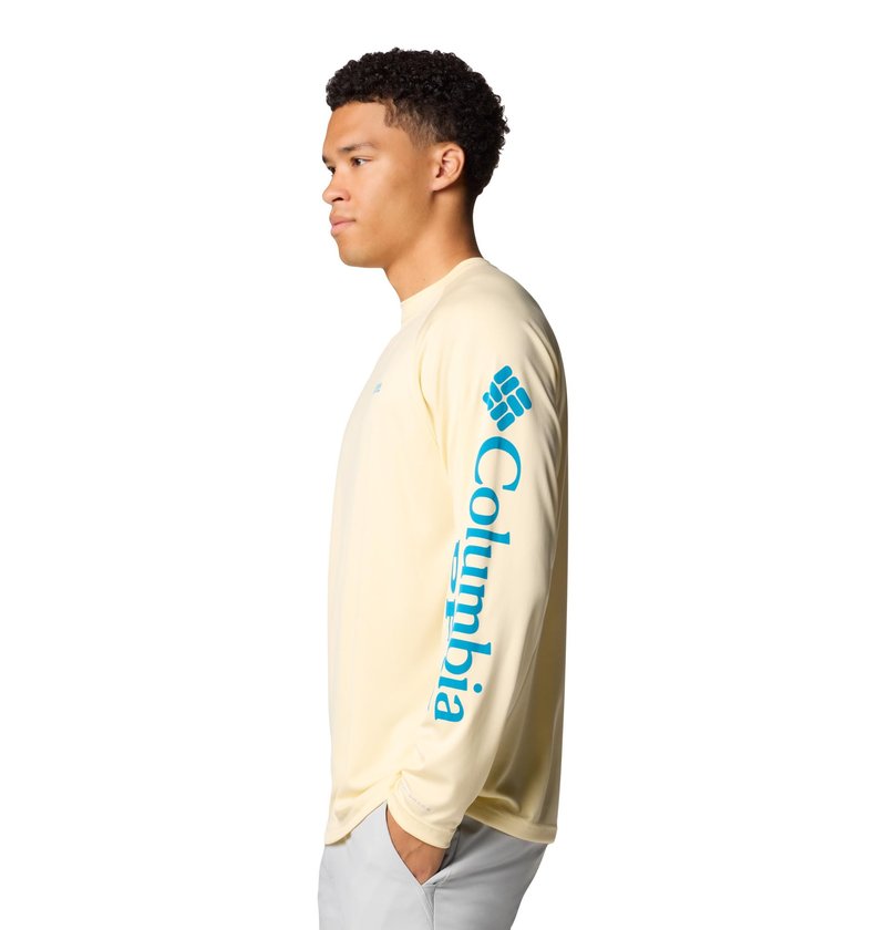 Columbia Men's PFG Terminal Tackle Long Sleeve Fishing Shirt, Lemon Wash/Blue Echo Logo, 3X Tall