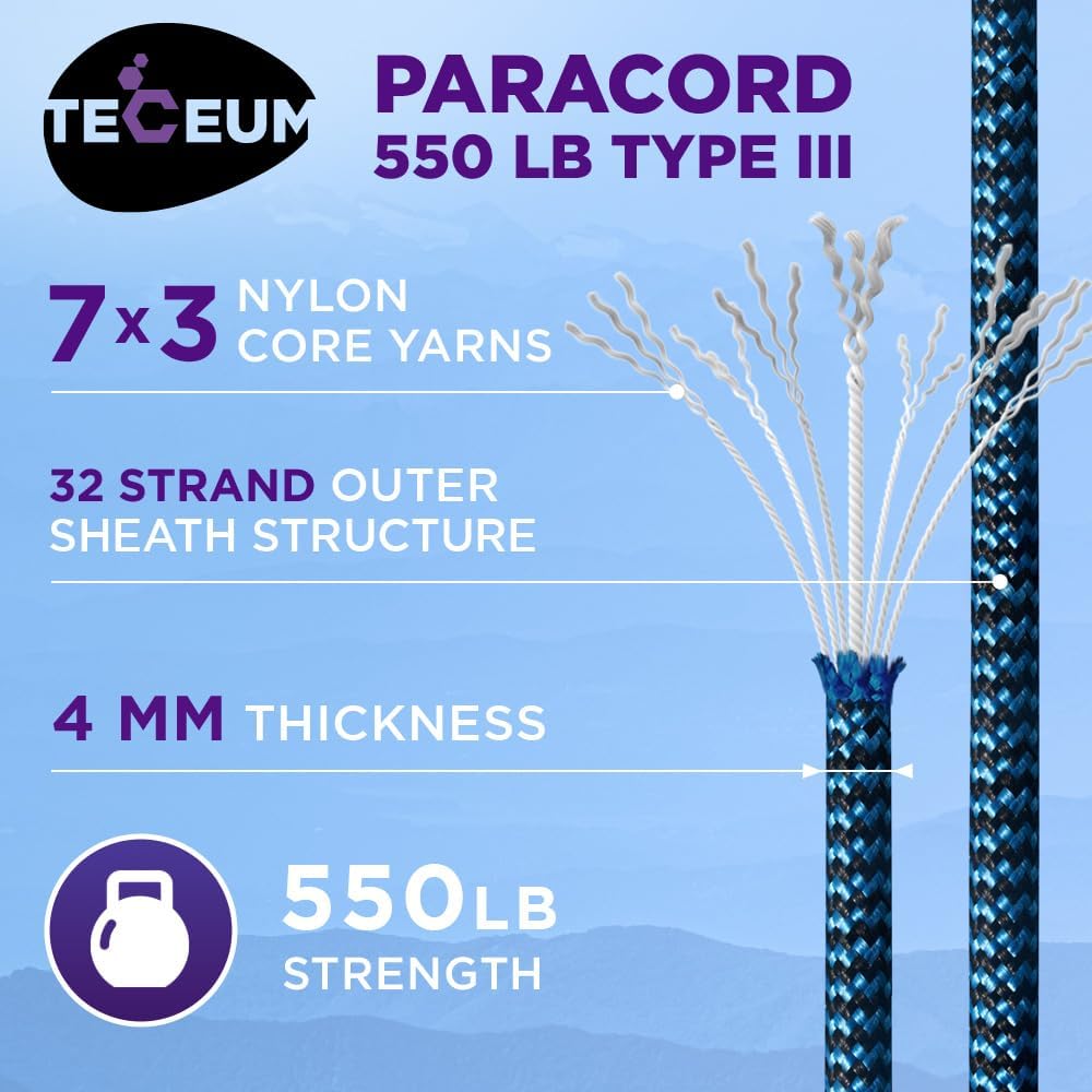 TECEUM Reflective Paracord Rope - Glow in The Dark Utility Rope for Survival | Available in 1000ft, 200ft, 100ft, 50ft