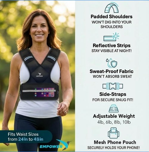 Empower Weighted Walking Vest for Women – Strengthen Muscles, Boost Bone Health, and Burn More Calories, 10lb Adjustable Weighted Vest, 4-in-1 with Removable Weights (4lbs, 6lbs, 8lbs or 10lbs) with Mesh Phone Storage Pocket