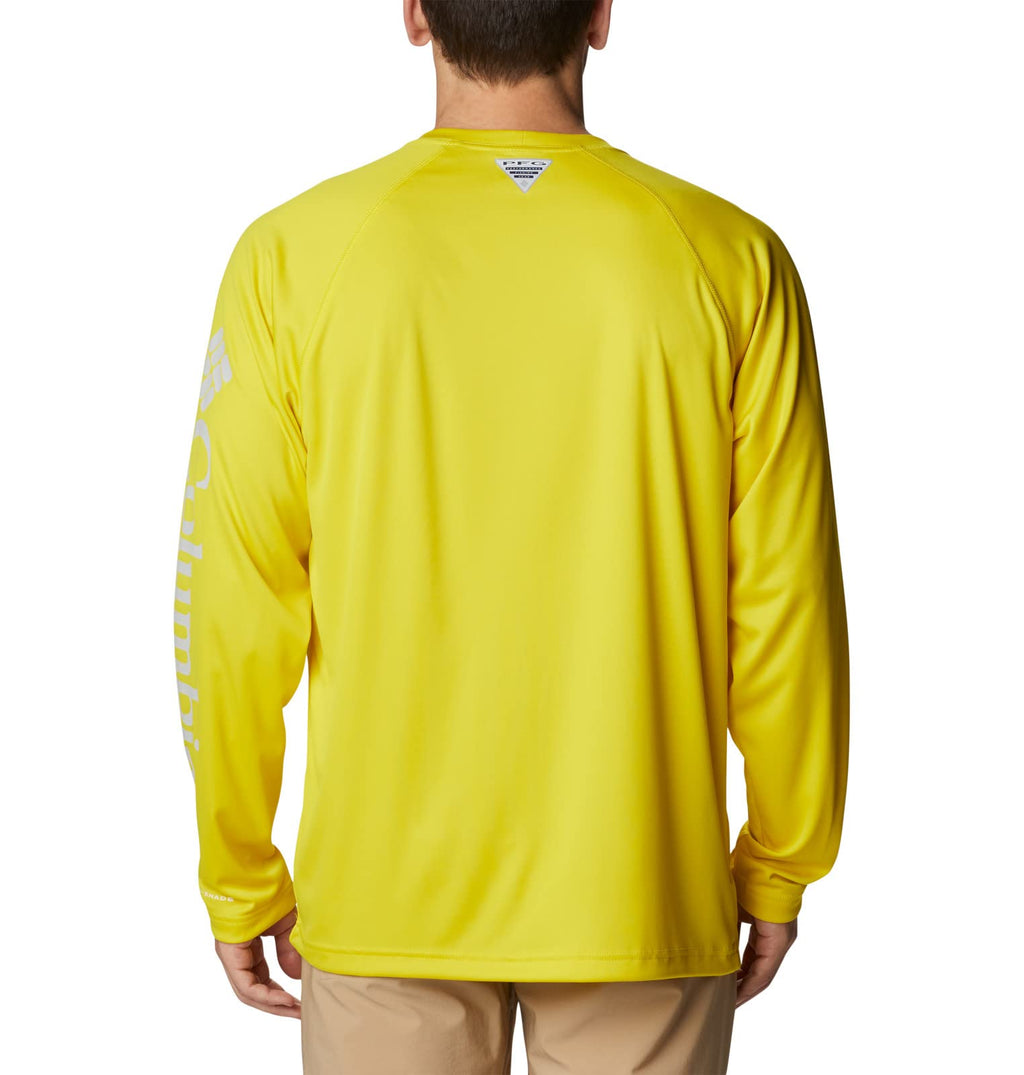 Columbia Men's Terminal Tackle Long Sleeve Fishing Shirt, Laser Lemon/Cool Grey Logo, X-Large