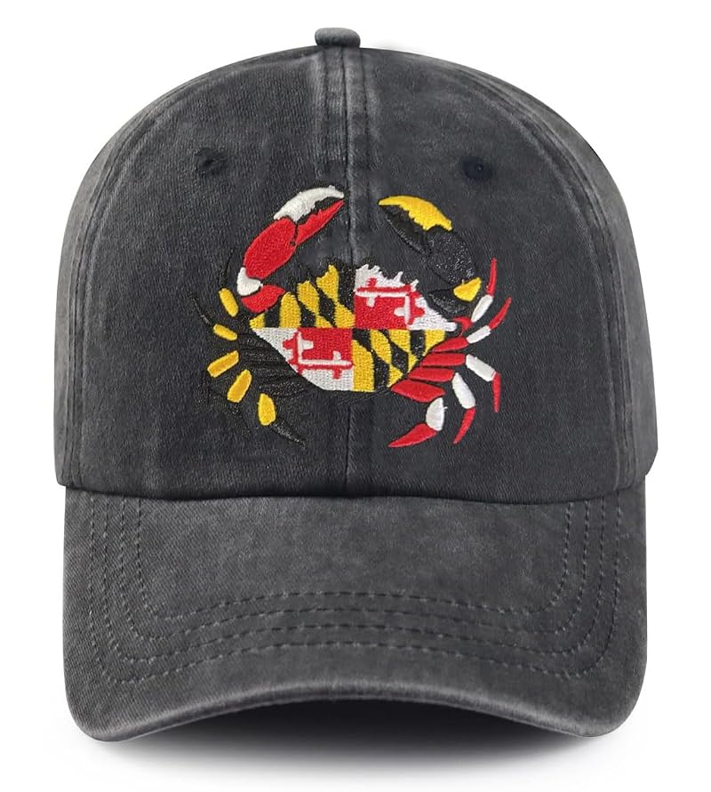 Maryland State Flag Crab Embroidered Baseball Hat – Black, Unisex