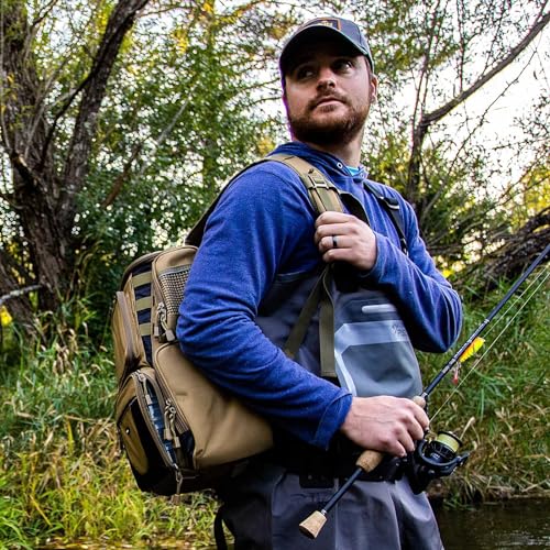 Piscifun Fishing Tackle Backpack with 2 Rod Holders, 4 Boxes & Rain Cover - Khaki