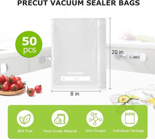Bonsenkitchen Vacuum Sealer Bags - 50 Quart Heavy Duty 8" x 12" Precut BPA Free Bags for Meal Prep & Sous Vide