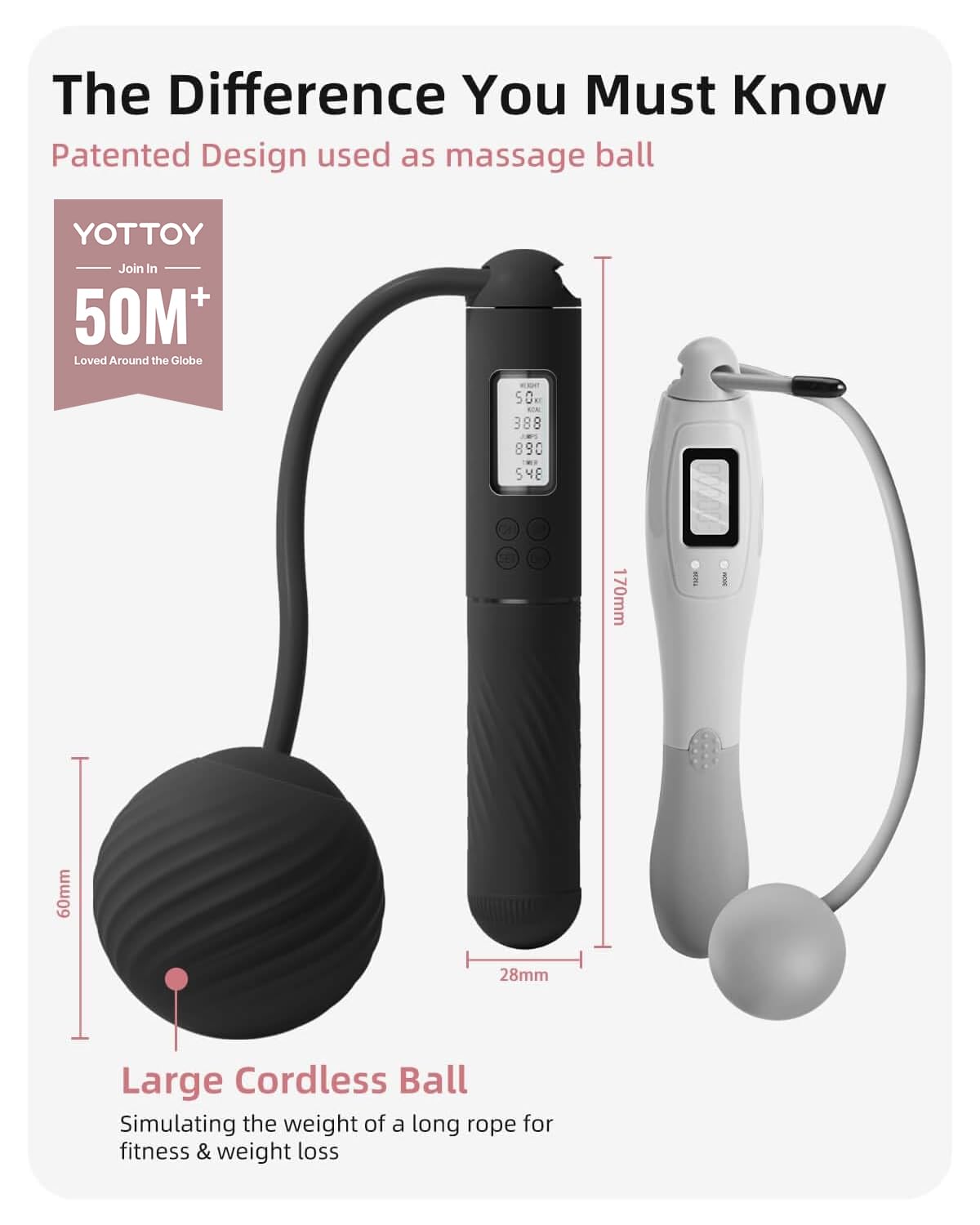 YOTTOY Cordless Jump Rope with Counter - Ropeless Rope 2 In 1 with Large Cordless Ball-Weighted Jump Rope for Women with LCD Display (Black)