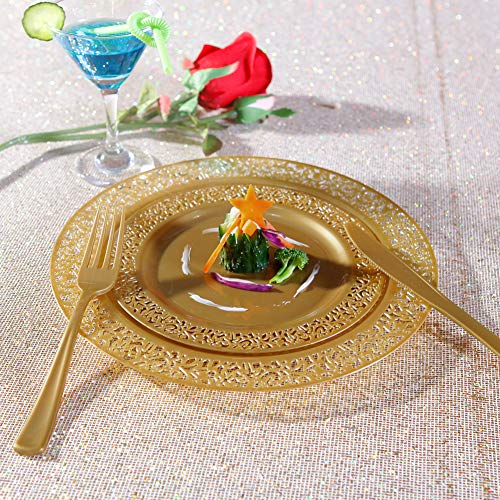 102 pcs Brown Gold Plastic Plates Set - Lace Design Disposable Dinner & Salad Plates - Solid Gold Variation