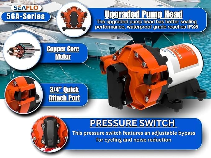 SEAFLO 56A Series Smart Water Pressure Pump - 12V DC, 5.0 GPM, 70 PSI, Self-Priming for RV/Yacht/Boat/Camper