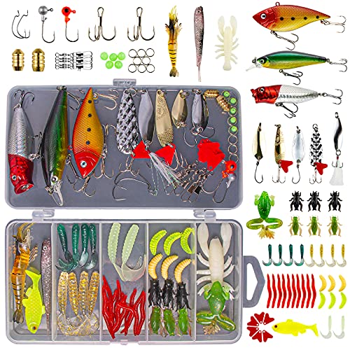Fishing Lures Kit with 78 Pieces - Bass Trout Salmon Soft Plastics & Spoons