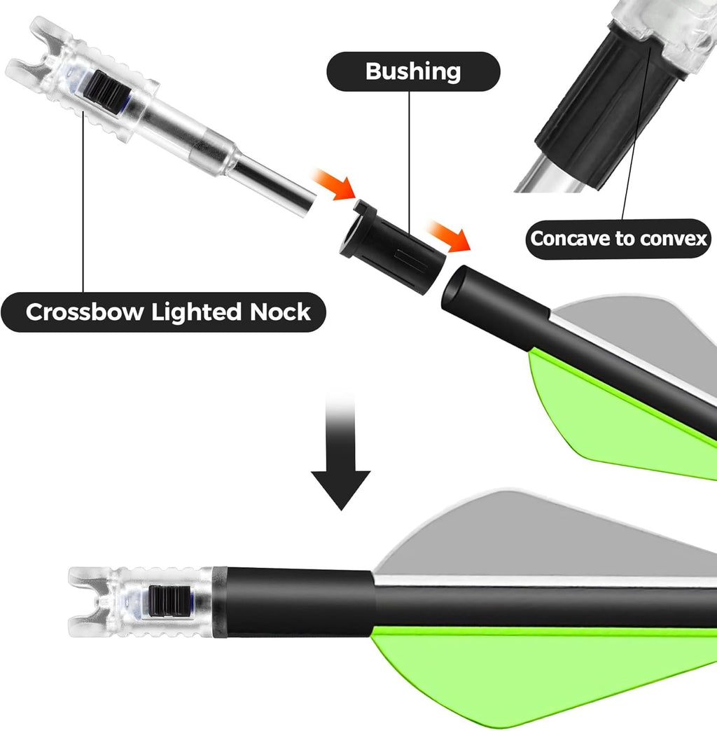 Skiennix Lighted Crossbow Nocks - 6 Pack with Half-Moon Design & Multiple Bushings (.285, .297, .300, .305)