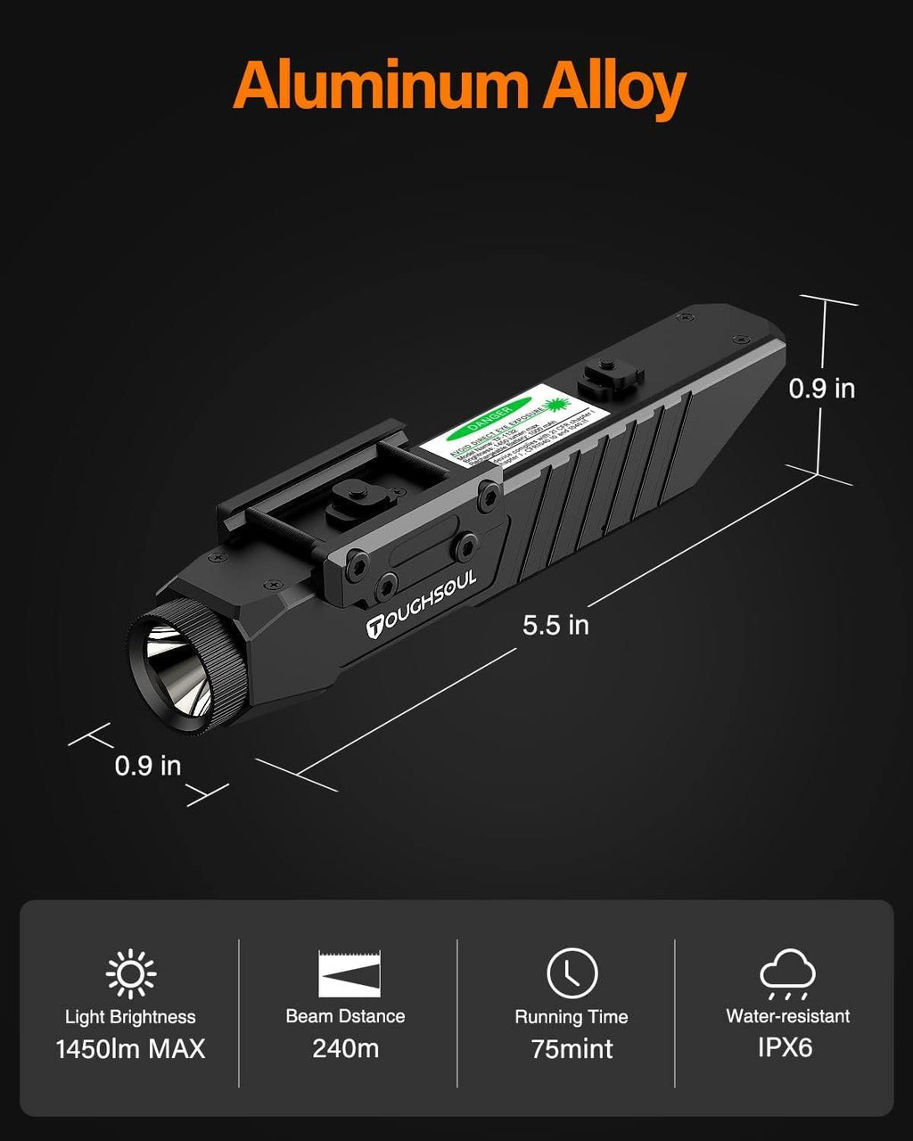 TOUGHSOUL Tactical Flashlight - 1450 Lumen Picatinny Rail & MLOK Mount with Strobe Function