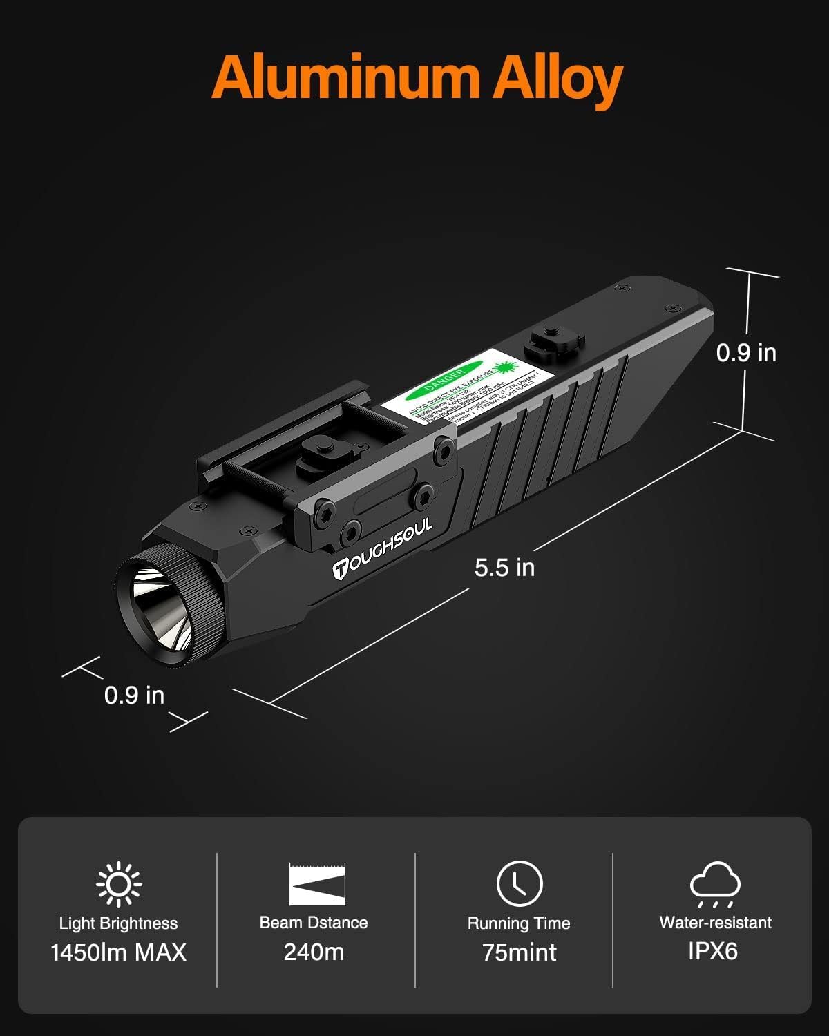 TOUGHSOUL Tactical Flashlight - 1450 Lumen Picatinny Rail & MLOK Mount with Strobe Function