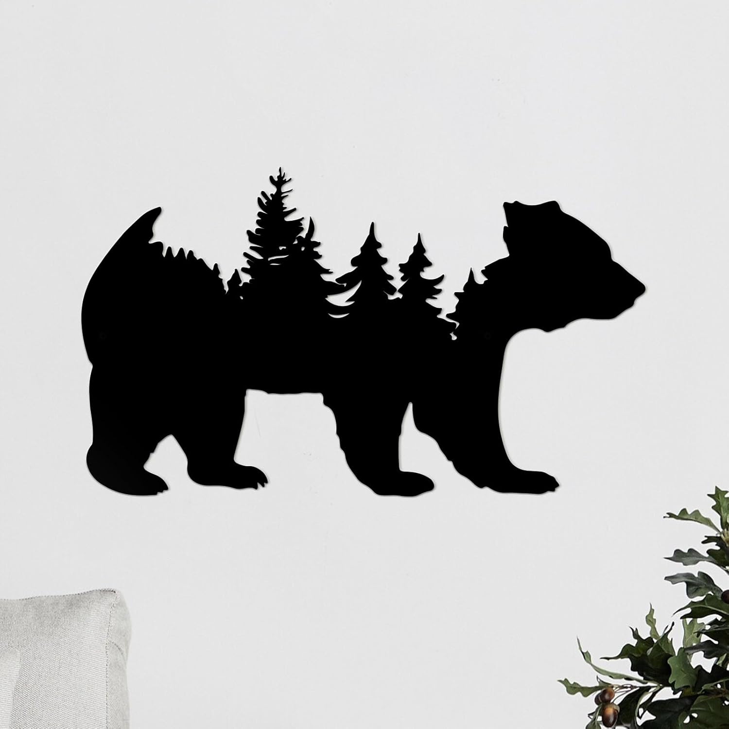 Resama Metal Wall Art - Rustic Pine Tree & Bear Decor for Living Room | Indoor/Outdoor Wilderness Design (Black)