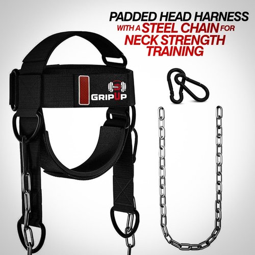 GripUp Neck Harness for Strength Training – Heavy Duty Adjustable Head Strap with Chain & D-Ring – Neck Exerciser for Athletes, Wrestlers, MMA, Boxing & Fitness