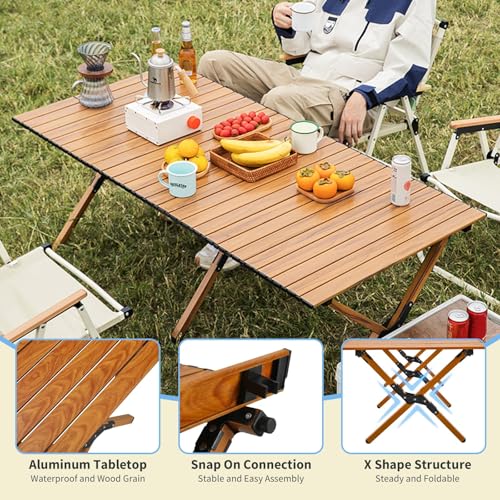 KAIHAOWIN 4Ft Aluminum Folding Camping Table with Wood Upgraded Finish, Portable Outdoor Picnic & Beach Table
