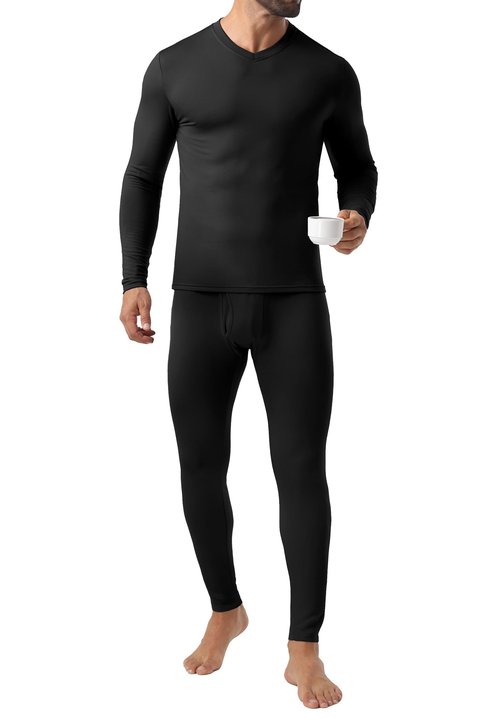 Askdeer Thermal Underwear for Men Long Johns Thermal Fleece Lined Long Underwear Base Layer Set Black
