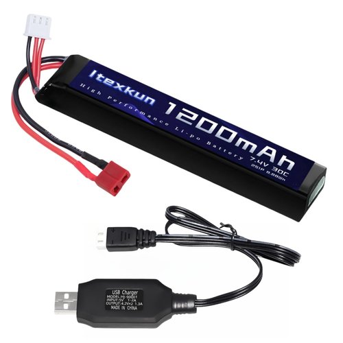 Itexkun 7.4V 2S 1200mAh Airsoft Battery Lipo Batteries T Plug 30C High Discharge Rate Rechargeable 2S Lipo Battery for Airsoft Model Guns with 7.4v Battery Charger