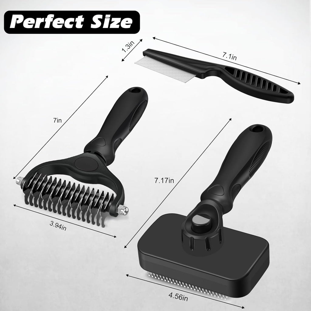 Skiennix 3PCS Pet Grooming Set - Self-Cleaning Slicker Brush, Rake & Flea Comb for Dogs, Cats & Horses | Black
