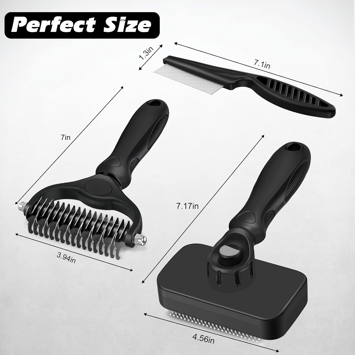 Skiennix 3PCS Pet Grooming Set - Self-Cleaning Slicker Brush, Rake & Flea Comb for Dogs, Cats & Horses | Black