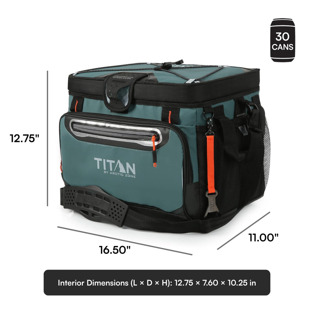 Titan by Arctic Zone Zipperless Soft Sided Cooler with HardBody Liner and SmartShelf, Insulated Bag with Shoulder Strap and Bottle Opener for Beach, Picnic, and Travel, 30 Can Capacity, Jungle Hunt