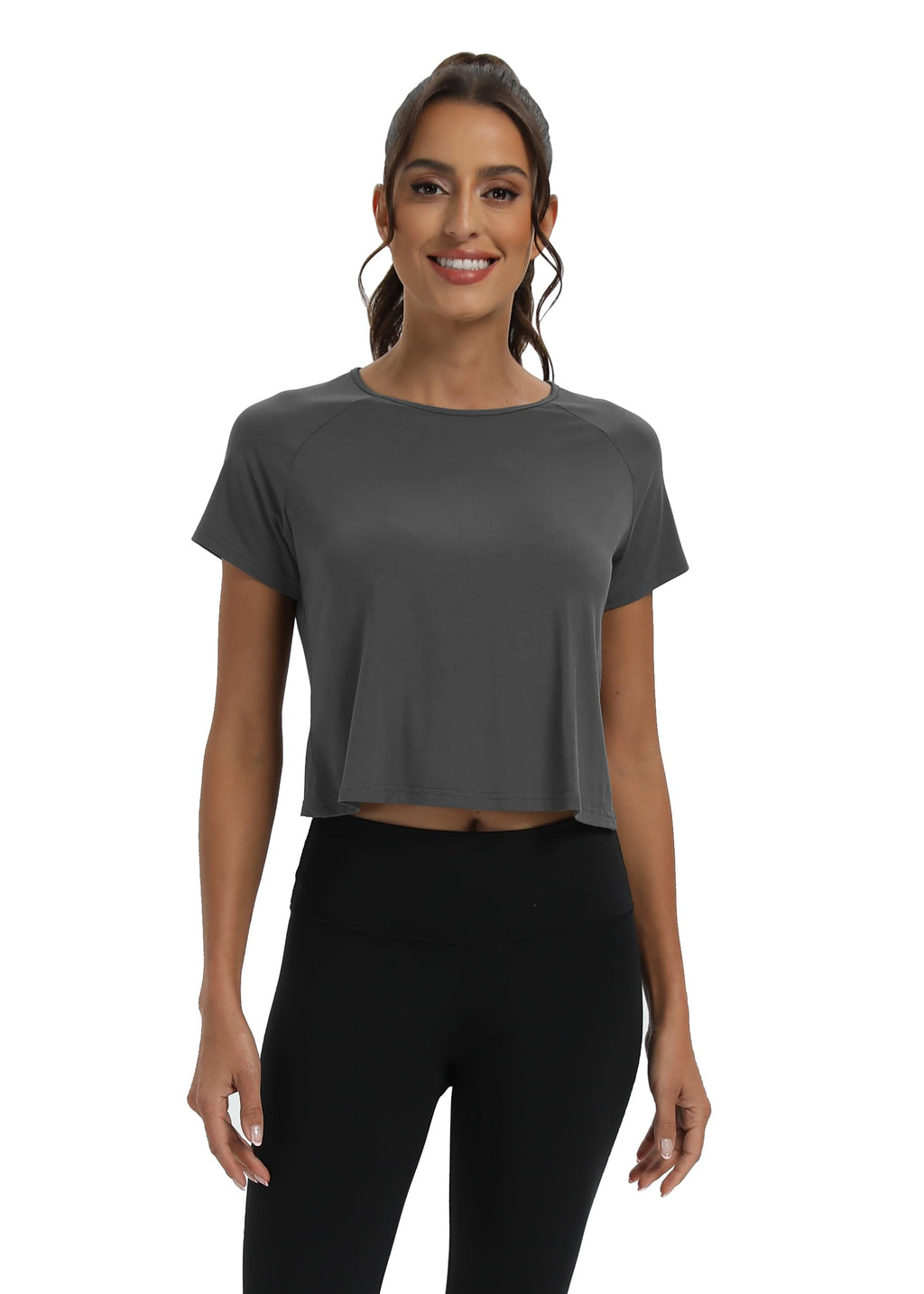 Mippo Short Sleeve Athletic Tops Workout Shirts Exercise Clothes Gym Crop Top Tshirts for Women Loose Fit Dark Gray M