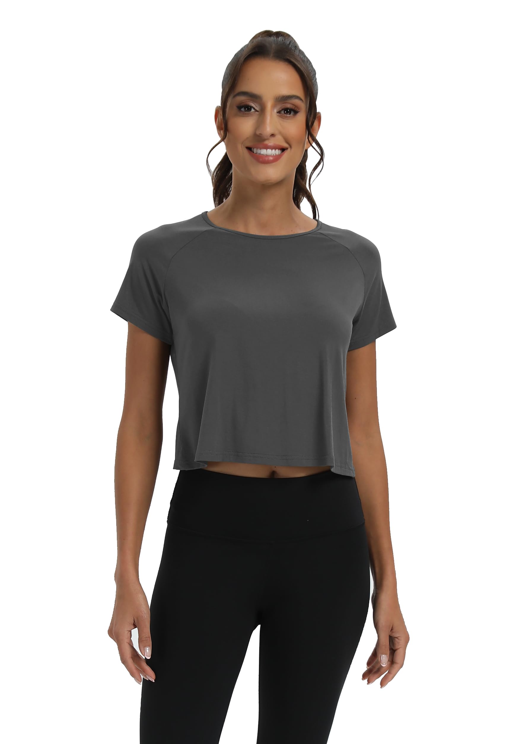 Mippo Short Sleeve Athletic Tops Workout Shirts Exercise Clothes Gym Crop Top Tshirts for Women Loose Fit Dark Gray M