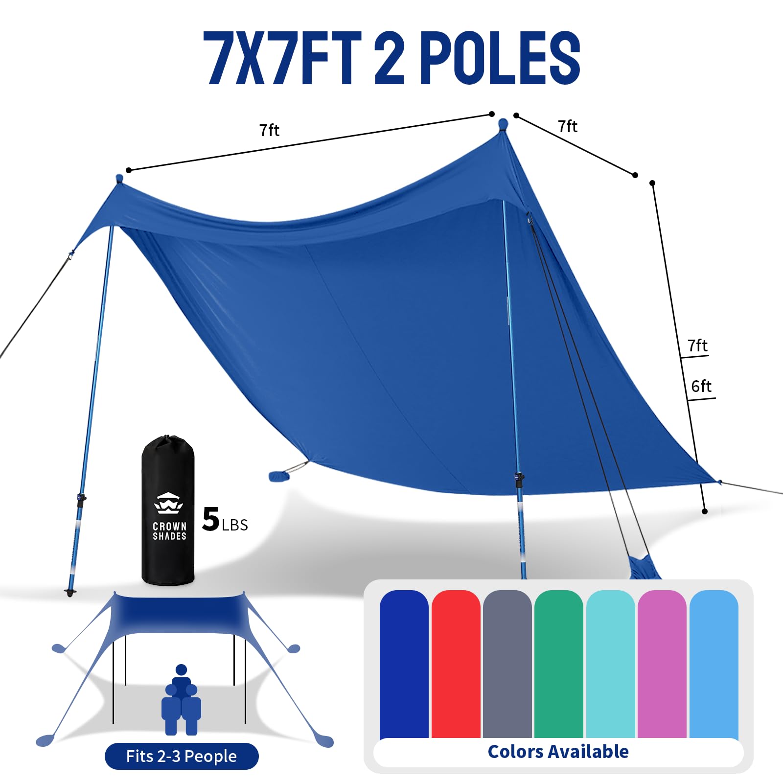 CROWN SHADES 7x7 Beach Tent Sun Shelter, Easy Pop Up Beach Canopy Shade, UPF50+, 2 Poles Adjustable, Blue