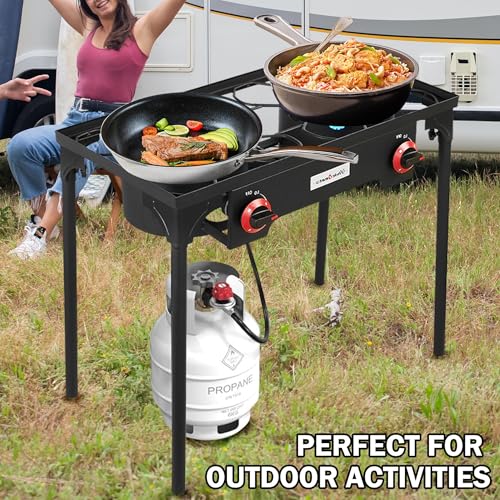 Propane Grill 2 Burner Outdoor Camping Stove - Portable Gas Cooker for Backyard BBQ and Camping - Double Burner