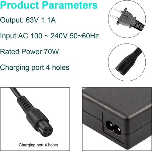 TREE.NB 4-Pin 8mm Scooter Charger for Segway Ninebot S/S-MAX/Mini lite/Mini PRO, 63V 1.1A Adapter Compatible with Ninebot, 4 Pong Connector Replacement