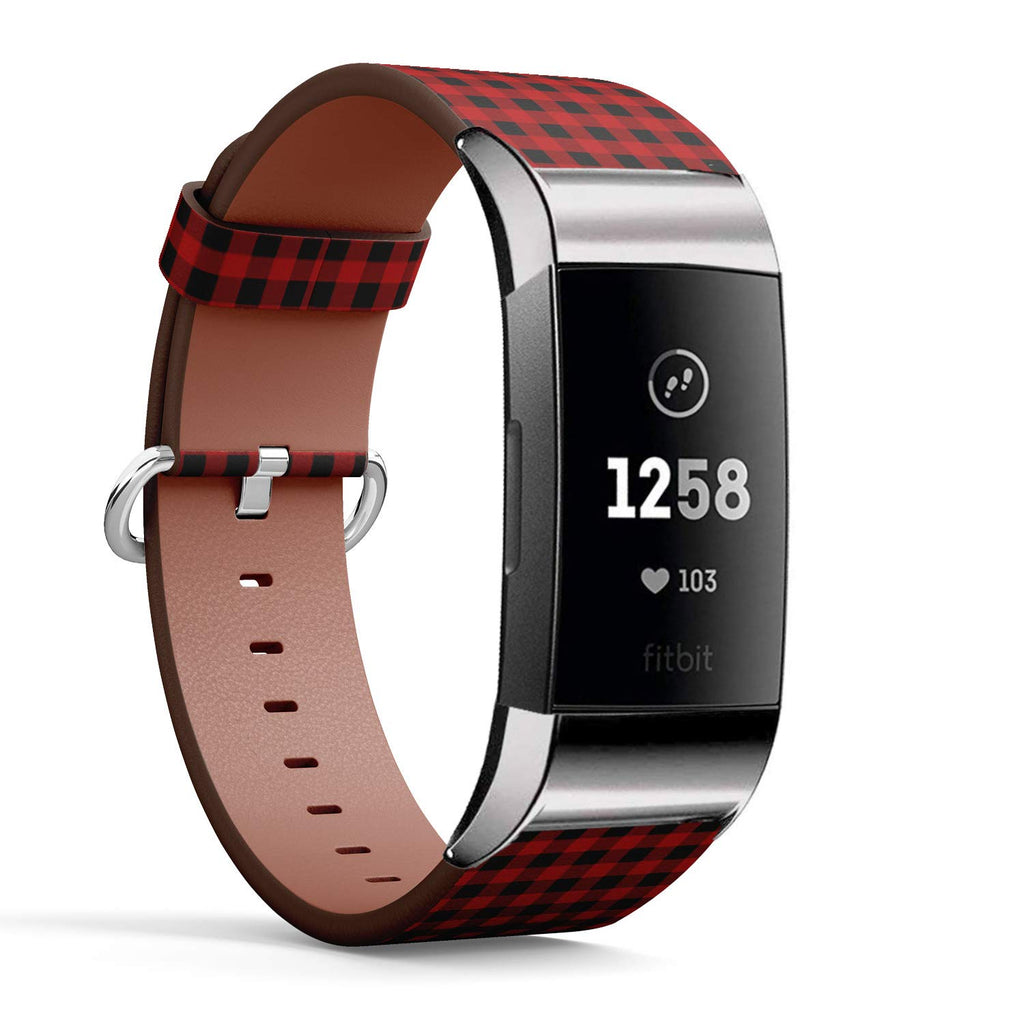 Q-Beans Watchband, Compatible with Fitbit Charge 3, Charge 3 SE - Replacement Leather Band Bracelet Strap Wristband Accessory // Lumberjack Plaid Alternating Red
