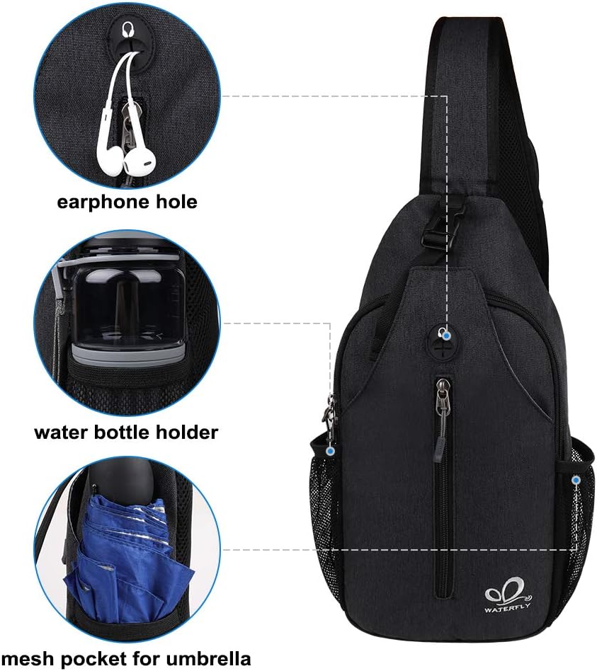 WATERFLY Crossbody Sling Backpack - Lightweight Travel & Hiking Chest Bag | Black Color