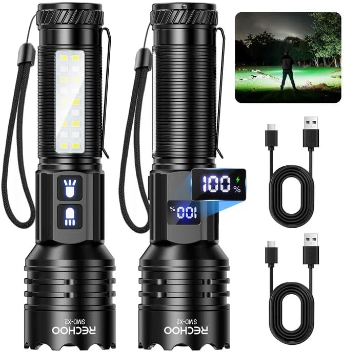 RECHOO Rechargeable Flashlight - High Lumens, 7 Modes, Dual-Switch with LCD Display | Super Bright LED for Home & Camping