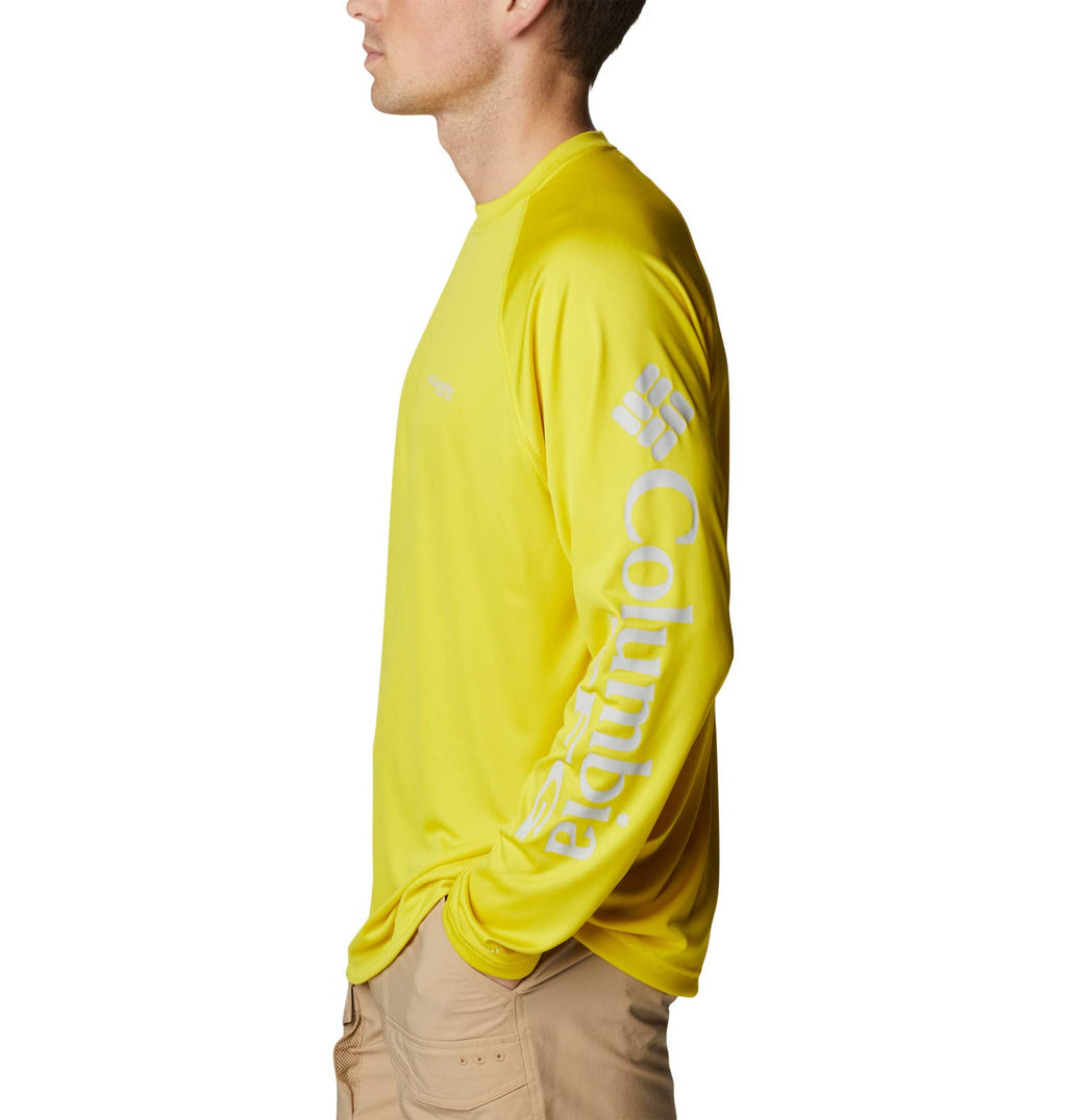 Columbia Men's Terminal Tackle Long Sleeve Fishing Shirt, Laser Lemon/Cool Grey Logo, X-Large