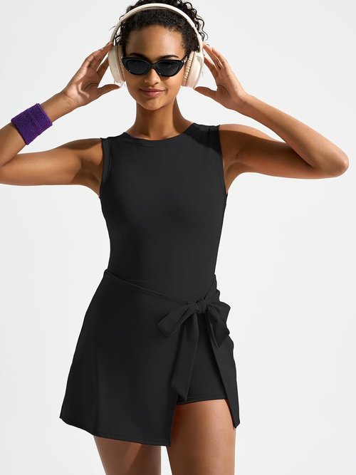 Dokuritu Tennis Dress for Women - Sleeveless Crew Neck with Built-In Shorts | Athletic U-Shaped Back