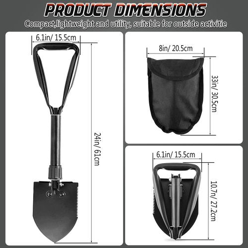 APIDGROWTH Large Folding Shovel, Overall Length 24Inches, Foldable Design with Portable Bag, Made of Durable Materials, Serrated Edge, for Camping, Hiking, Gardening, Fishing & Emergencies (Black)